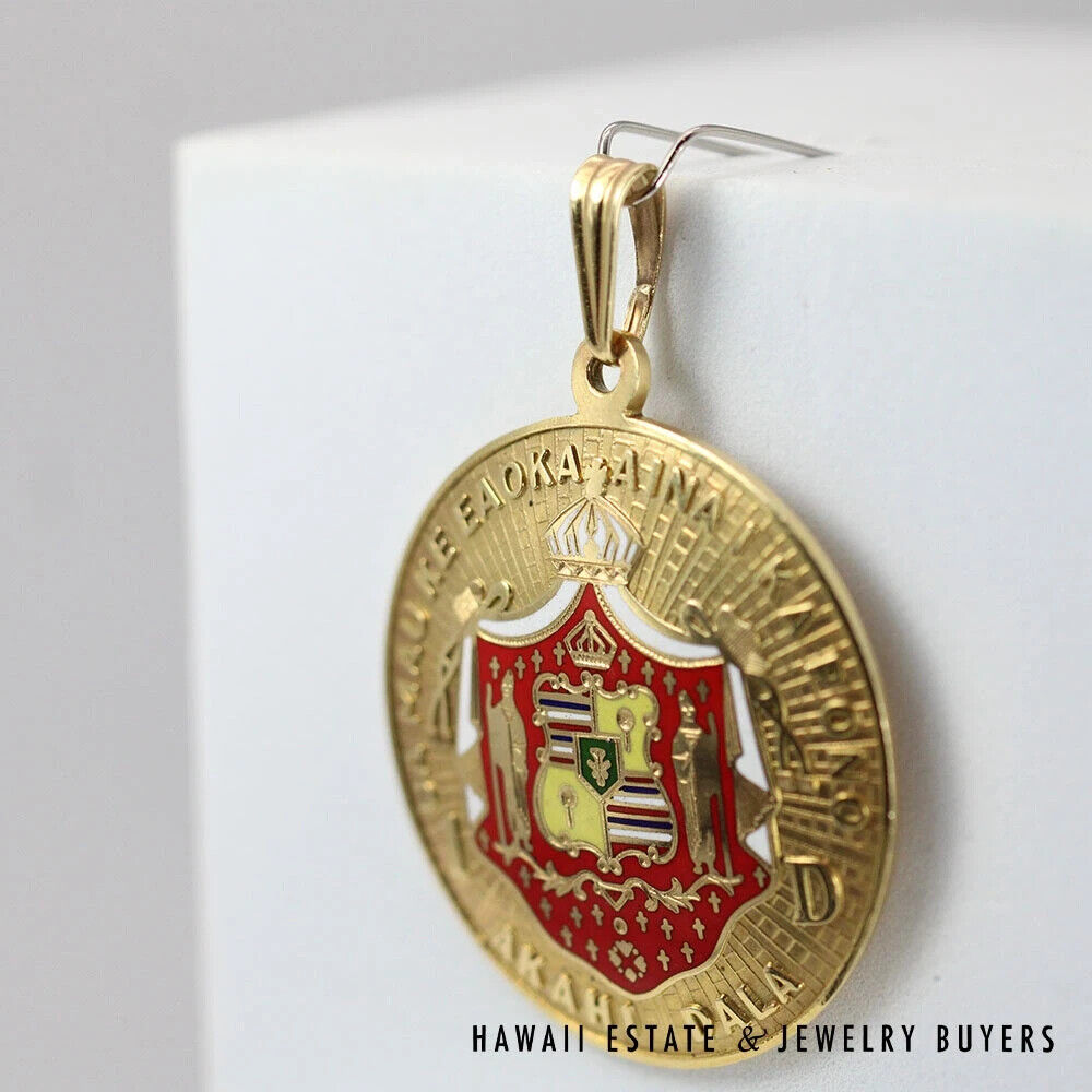 Rare Vintage Enamel Hawaiian Crest Dawkins Benny 14K Yellow Gold Pendant - Image 4