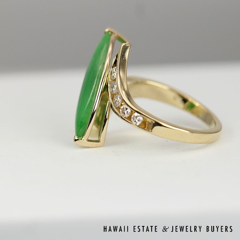 GIA Grade A Jadeite Jade Green Marquise 0.45CTW Diamond 14K Yellow Gold Ring - Image 2