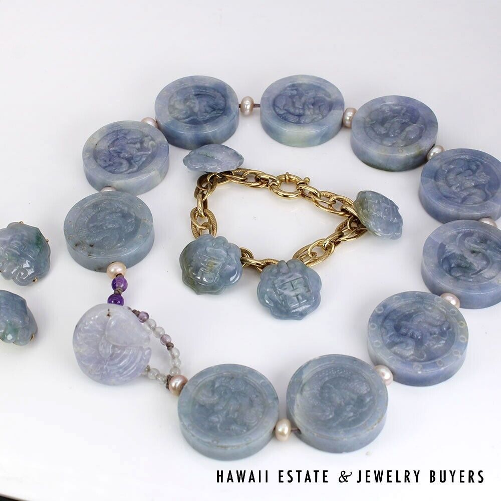 Chinese Carved Lavender Jade Suite 14K 18K Gold Necklace Bracelet Earrings - Image 2