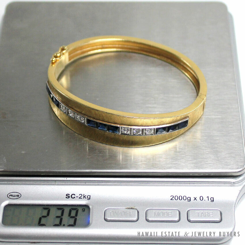Natural Sapphire & Diamond 14K Yellow Gold & Platinum Hinged Bangle - Image 12