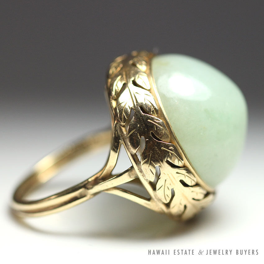 Ming's Hawaii Pale Green Jade Cabochon 14K Yellow Gold Bezel Dome Ring Size 5.5 - Image 4
