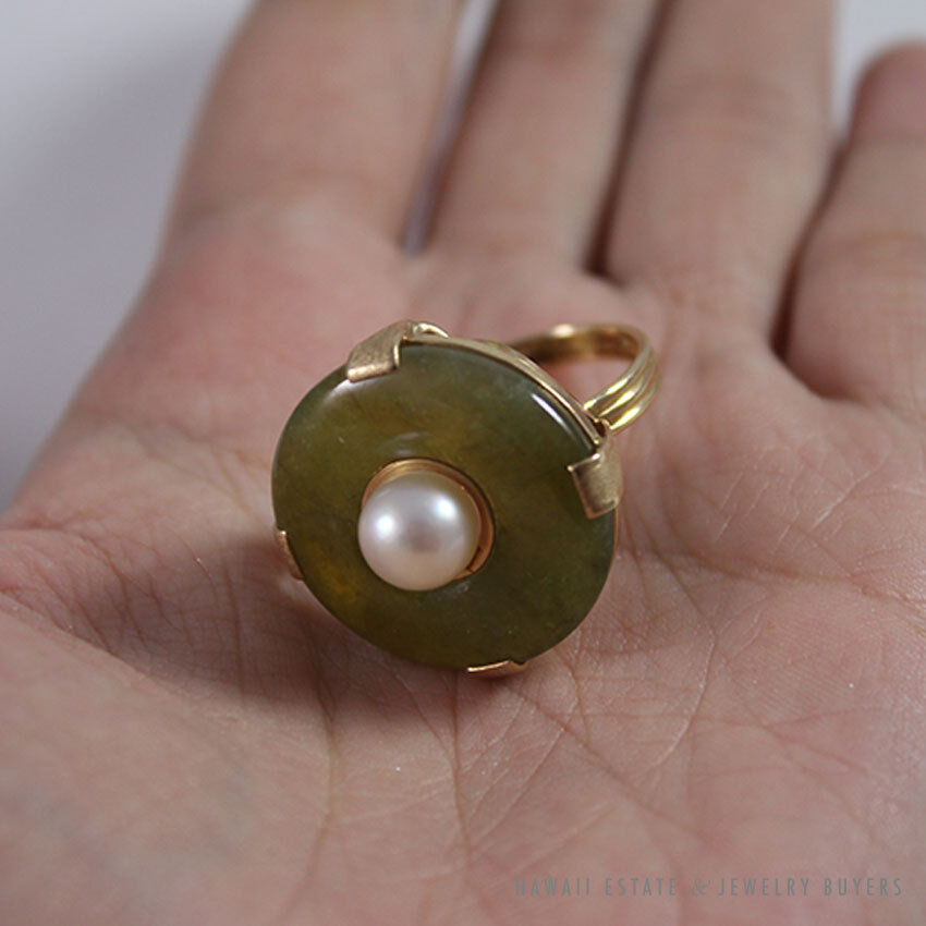 Ming's Hawaii Natural Green Jade Do-nut W/ Cultured Pearl 14K Yellow Gold Ring - Image 7