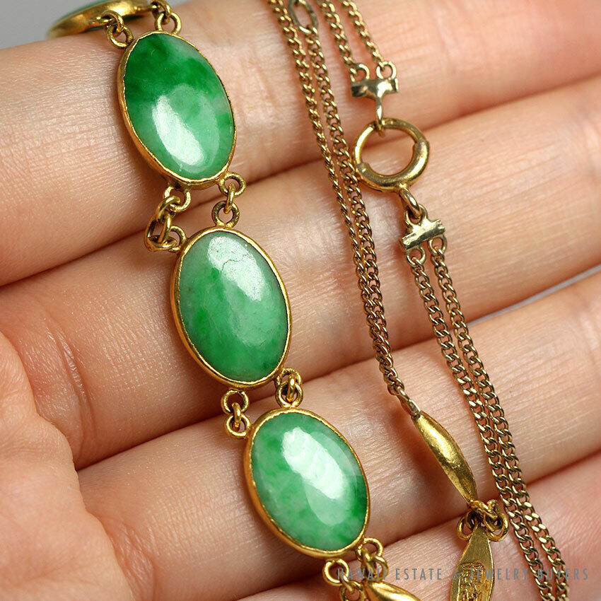 Vintage Natural Apple Green Jade Cabochon 14K 22K Yellow Gold Necklace w/ Paper - Image 2