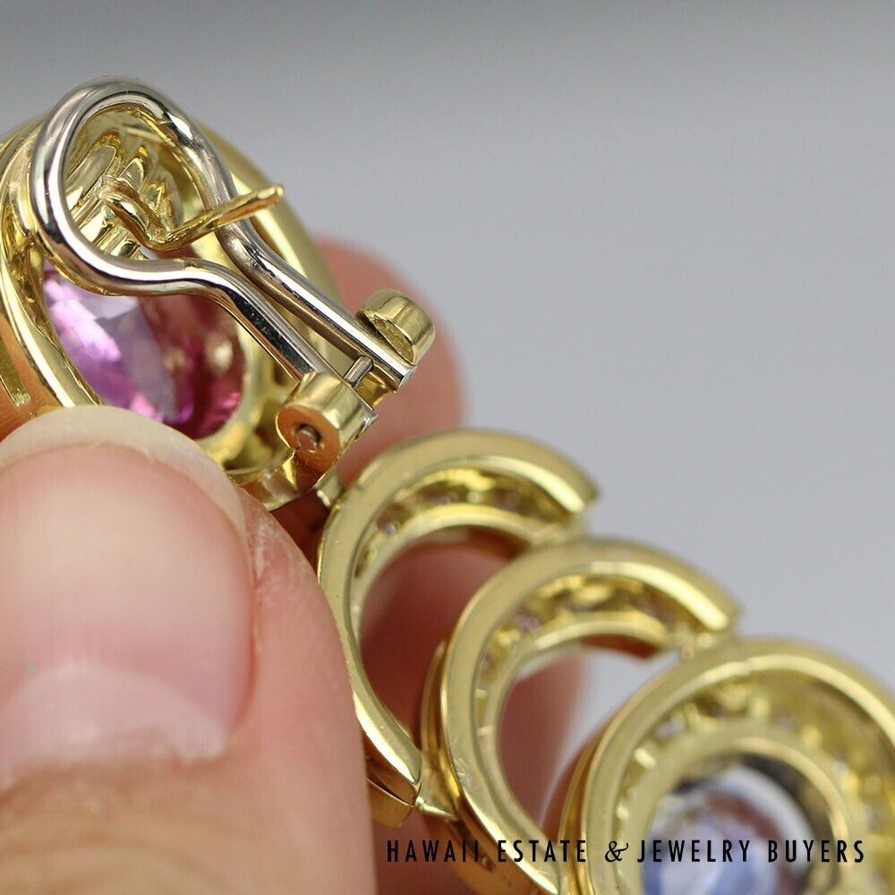 Bernard Hurtig Oval Pink & Blue Sapphire Diamond Halo 18K Yellow Gold Earrings - Image 9
