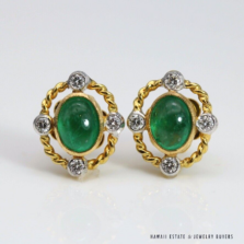 Oval Emerald Cabochon & Diamond 22K Yellow Gold Stud Earrings