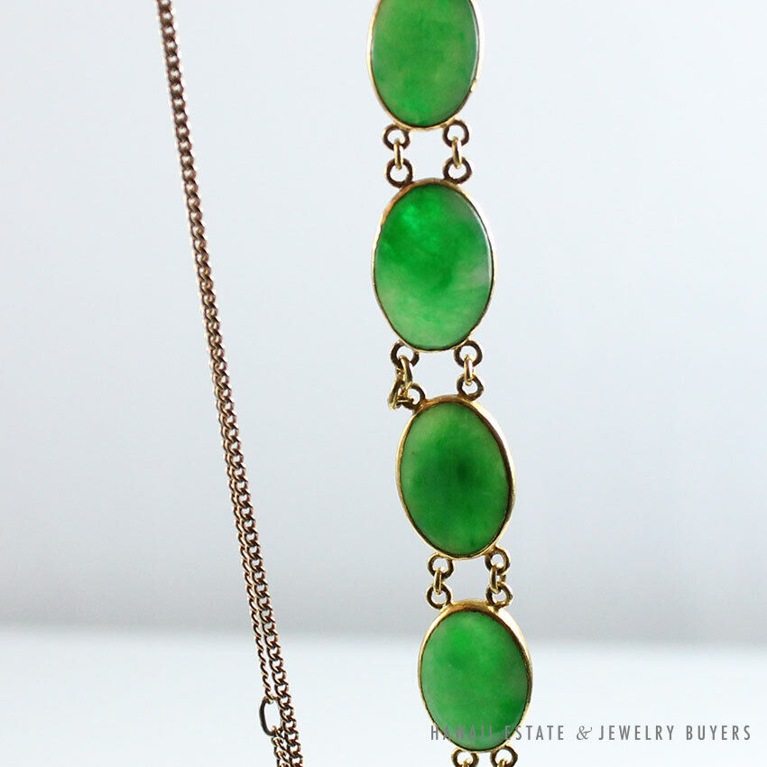 Vintage Natural Apple Green Jade Cabochon 14K 22K Yellow Gold Necklace w/ Paper - Image 11