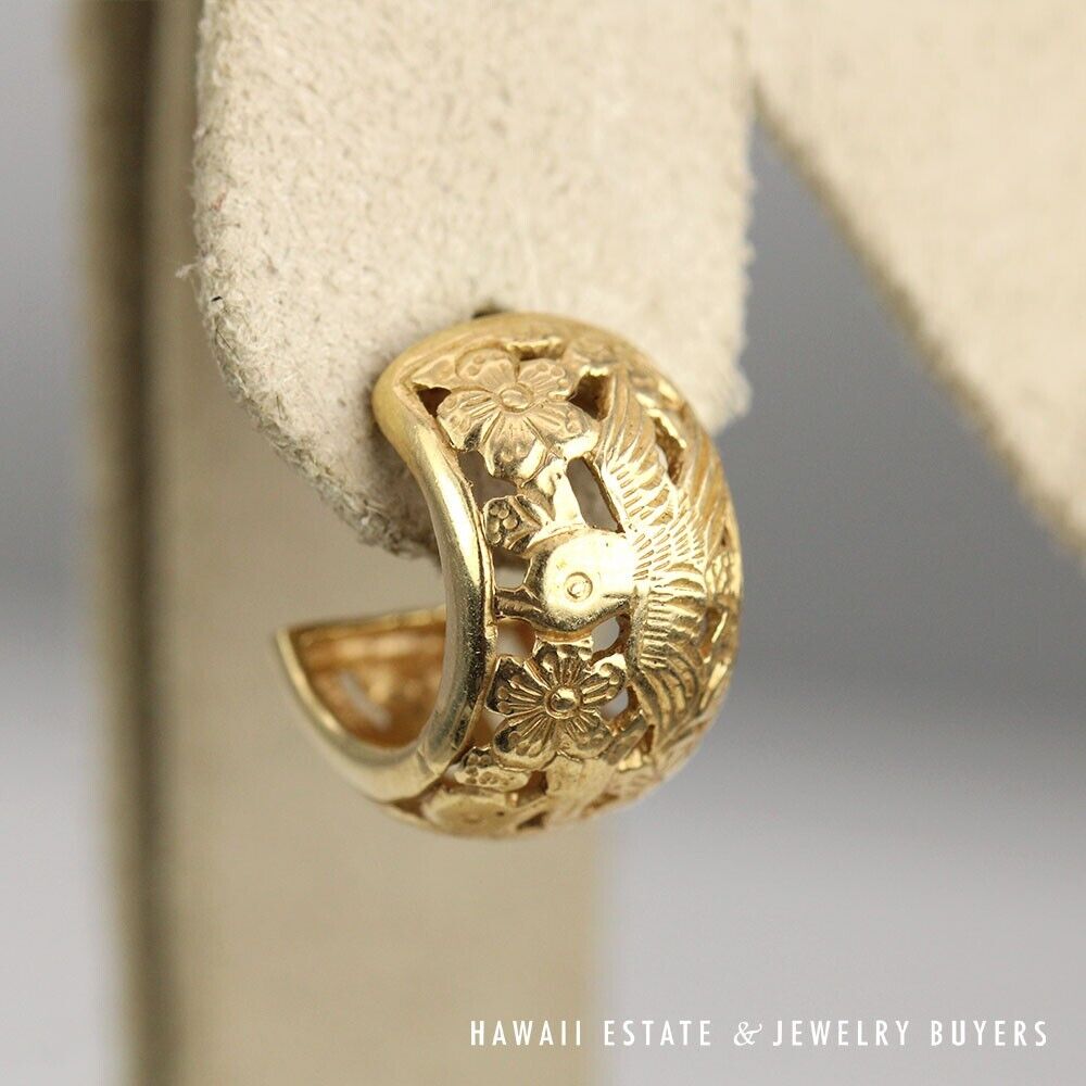 Ming's Bird in Plum Curved Huggie Hoop 5.2g 14k Yellow Gold Post Earrings - Image 7