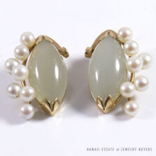 Ming's Hawaii Jade Marquise Cabochon Pearl Cluster 14K Yellow Gold Clip Earrings
