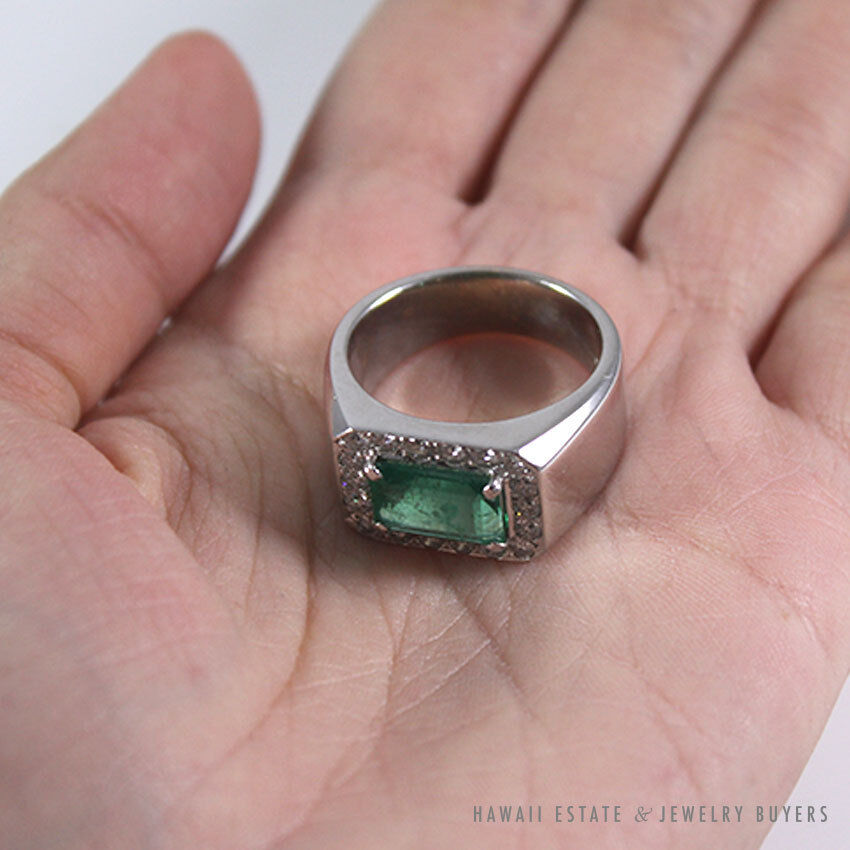 Octagonal Emerald & Diamond Halo 18K White Gold Men's Ring Size 10.5 - Image 4