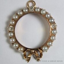 Antique Victorian Pearl & Old Mine Cut Diamond 18K Gold Bow-Knot Wreath Pendant