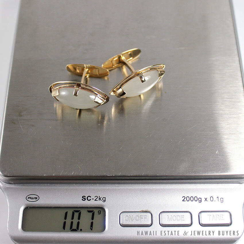 White Jade Marquise Cabochon 14K Yellow Gold Cufflinks with Toggle Back - Image 11