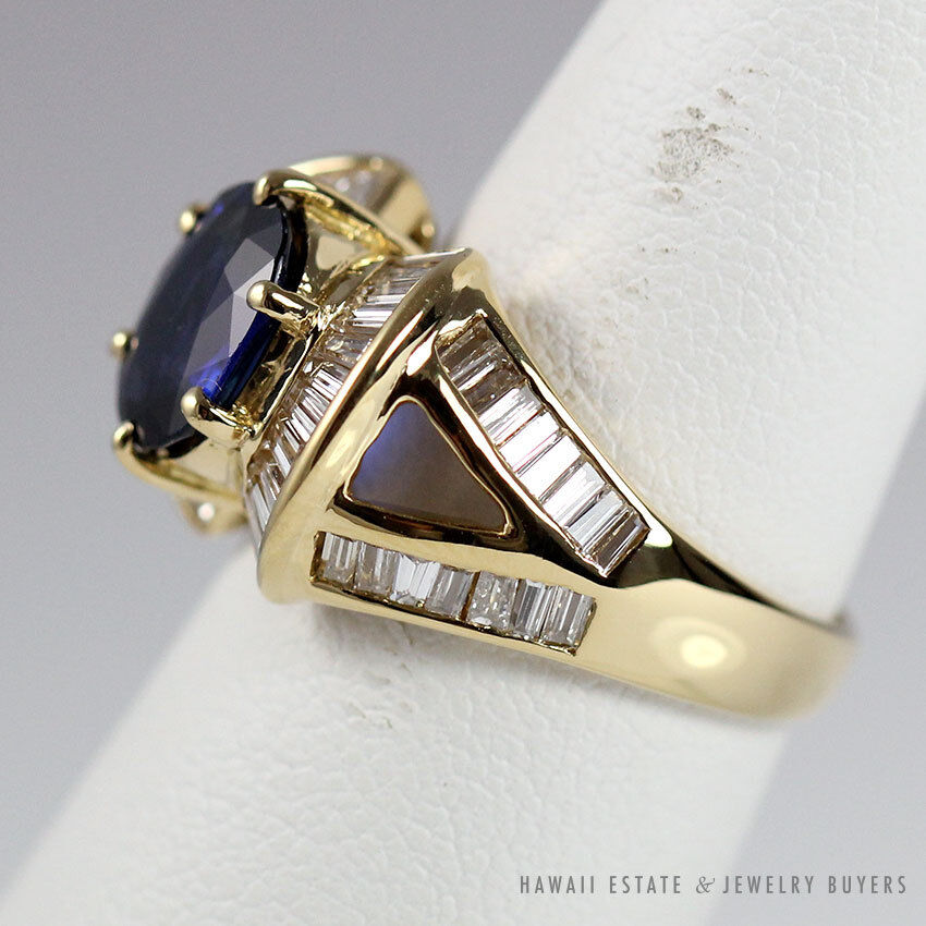 Le Vian Oval Blue Sapphire Baguette Diamond 18K Yellow Gold Ring Size 6.5 - Image 3
