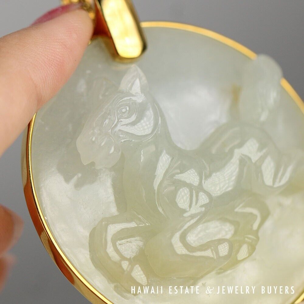 GIA Natural Jadeite Jade 18k Yellow Gold Horse Circle Large Pendant - Image 8