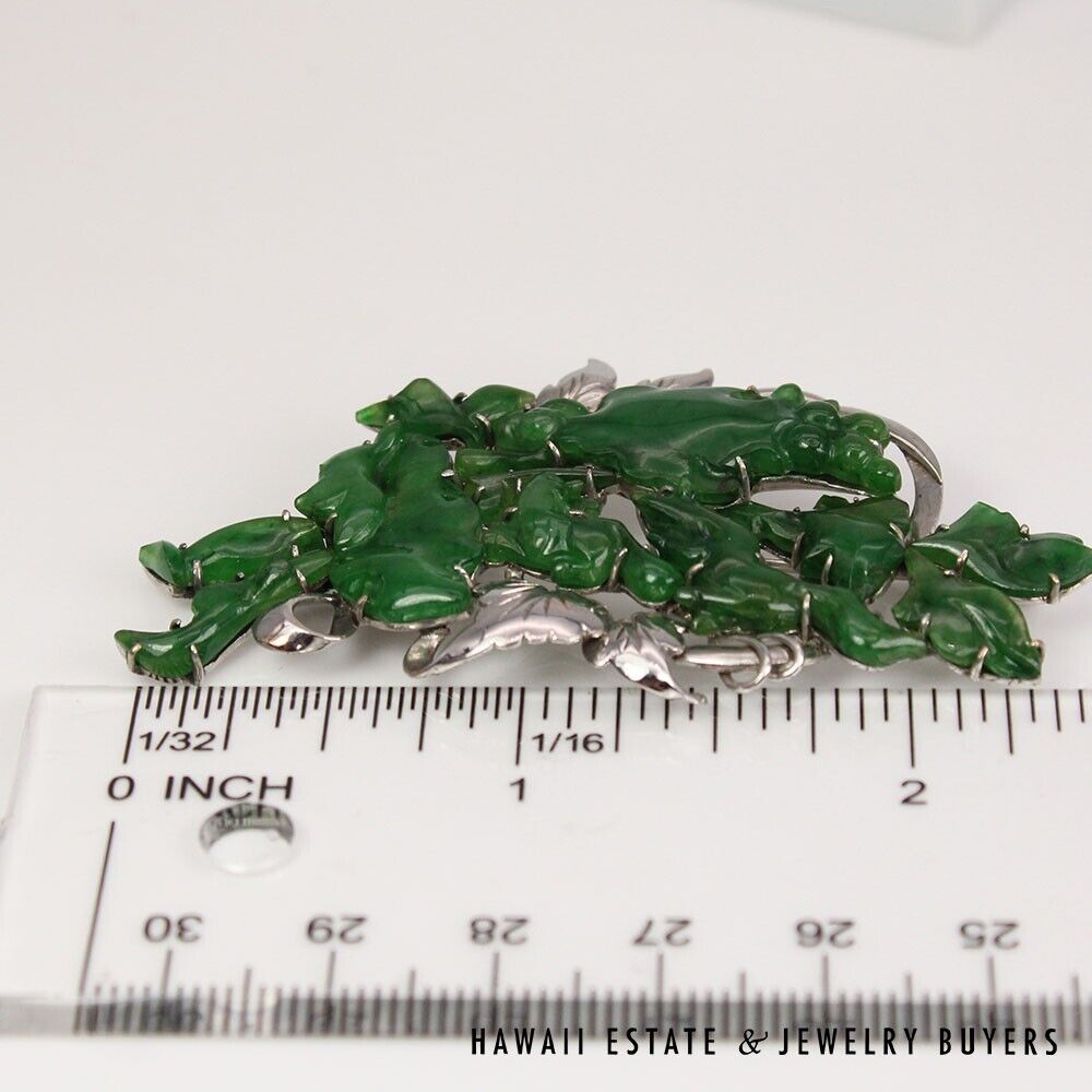 GIA NATURAL GREEN JADE BROOCH 15.3g 14K WHITE GOLD 30x12mm - Image 8
