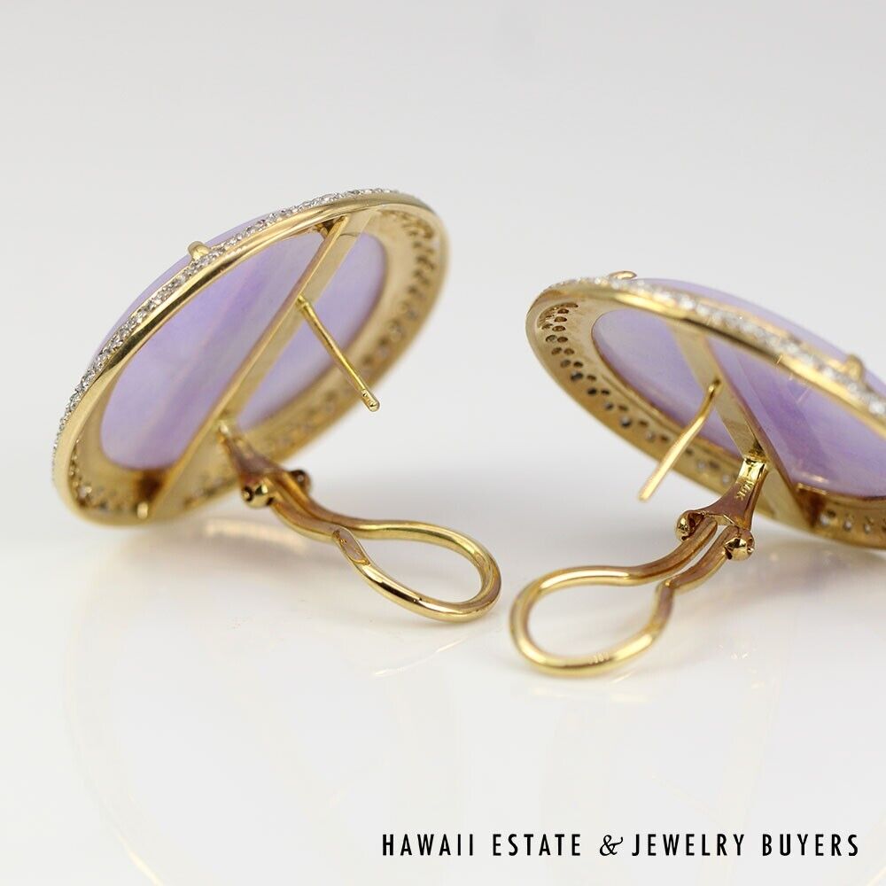 GIA Jade Lavender Circle Cabochon Round Diamond 18k Yellow Gold Earrings - Image 6