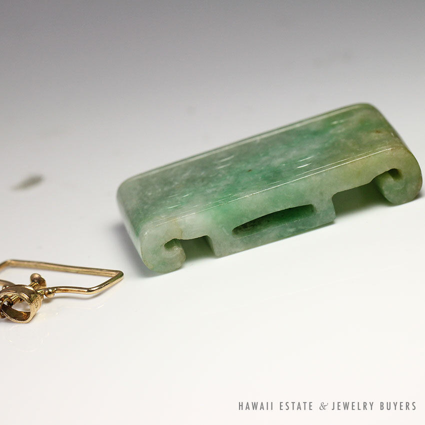 Carved Mottled Green Jade Belt Piece Pendant with Removable 14K Yellow Gold Bale - Image 8