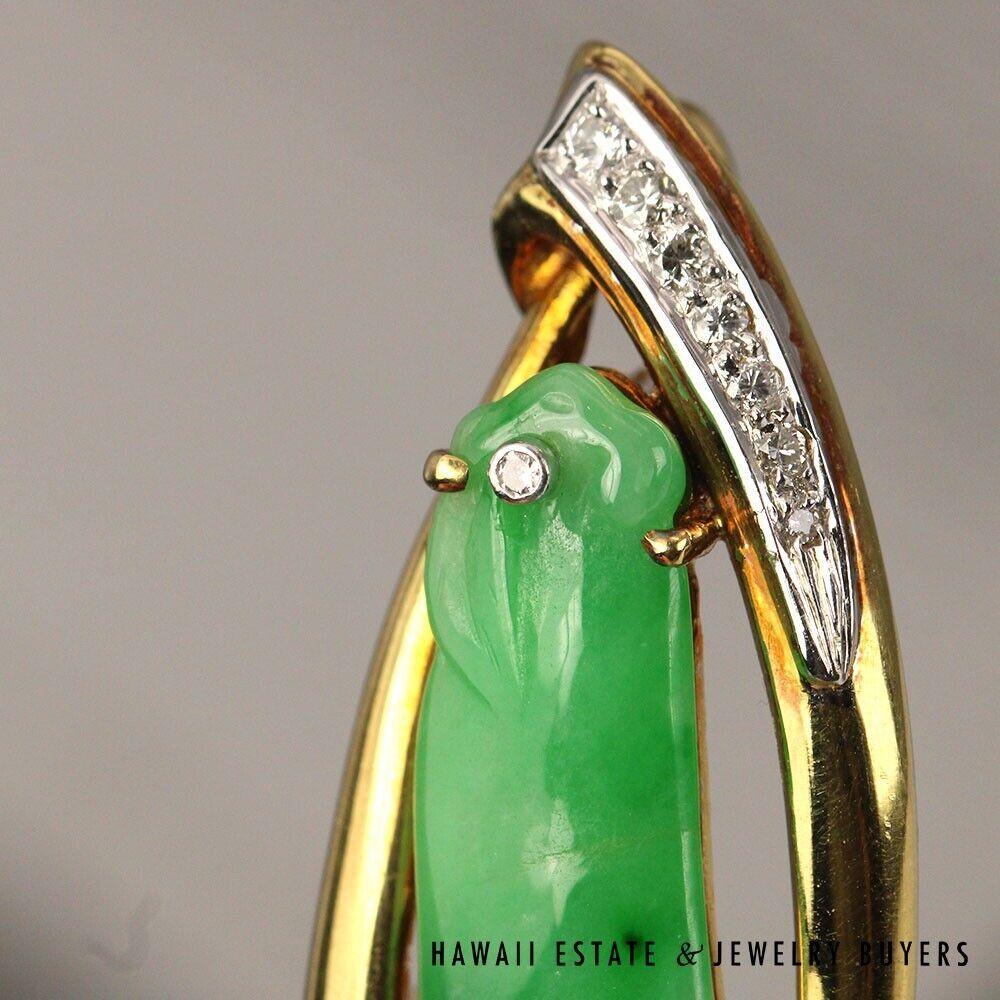GIA Grade A Green NATURAL Jadeite Jade 0.66ctw Diamond 18K Yellow Gold Brooch - Image 7