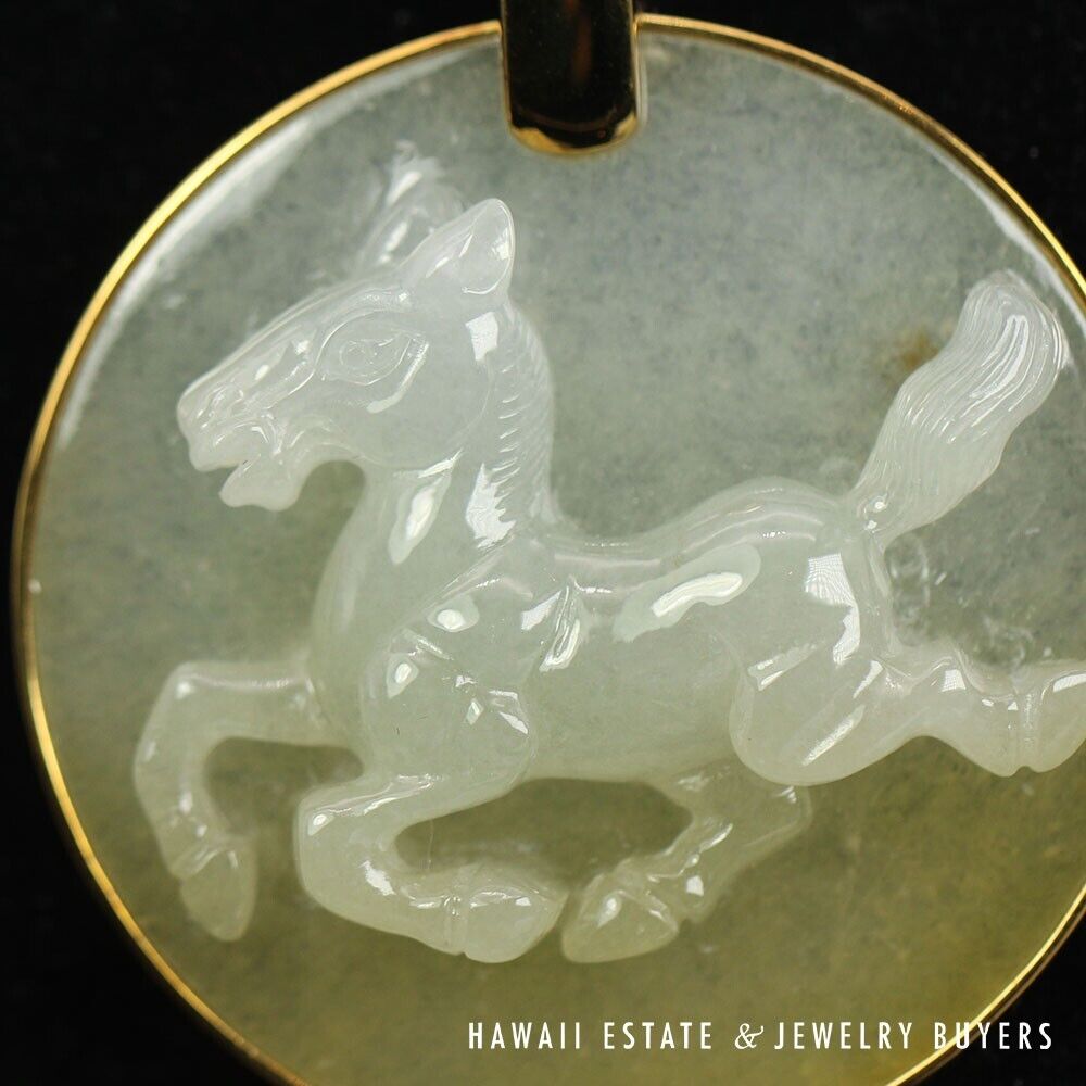 GIA Natural Jadeite Jade 18k Yellow Gold Horse Circle Large Pendant - Image 4