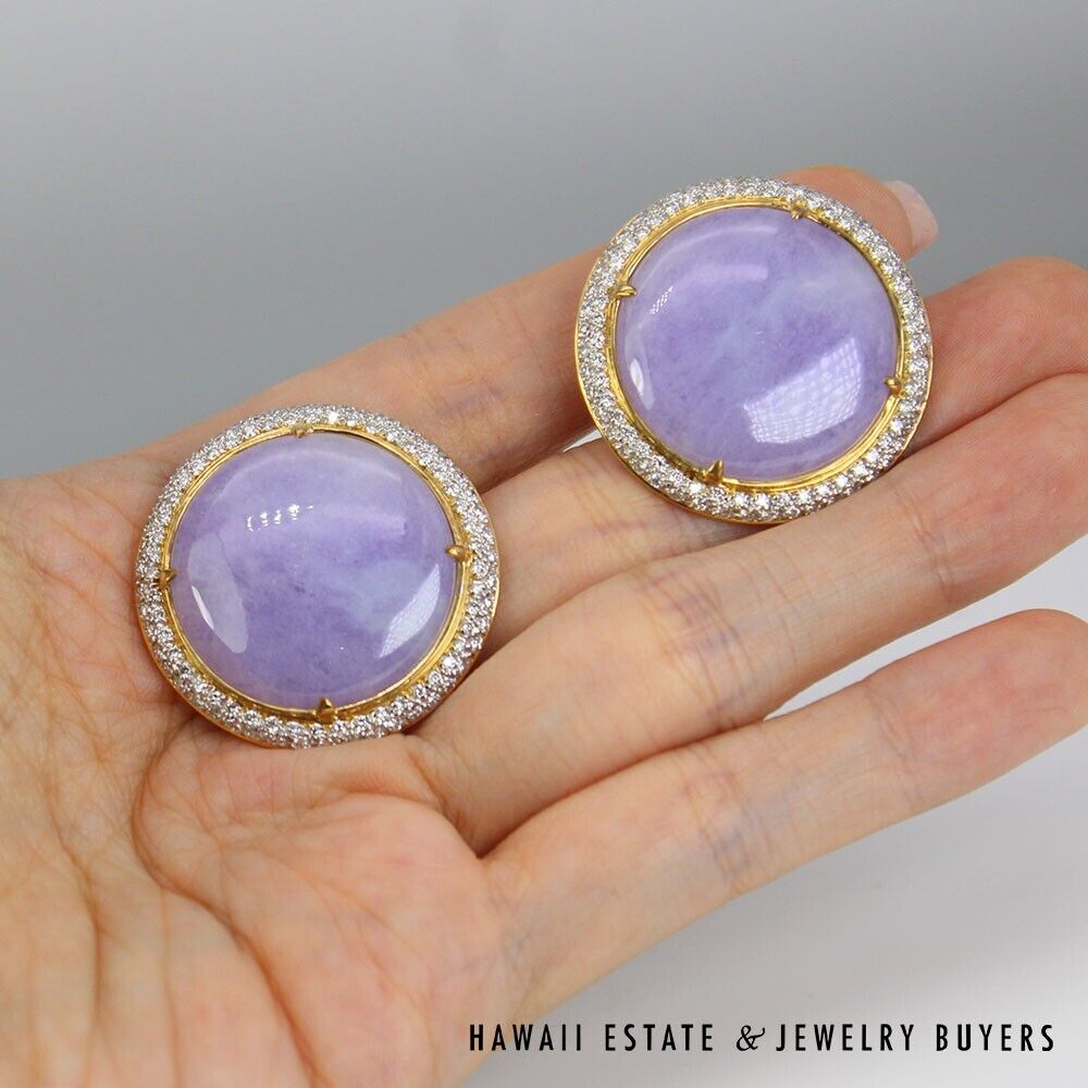 GIA Jade Lavender Circle Cabochon Round Diamond 18k Yellow Gold Earrings - Image 2