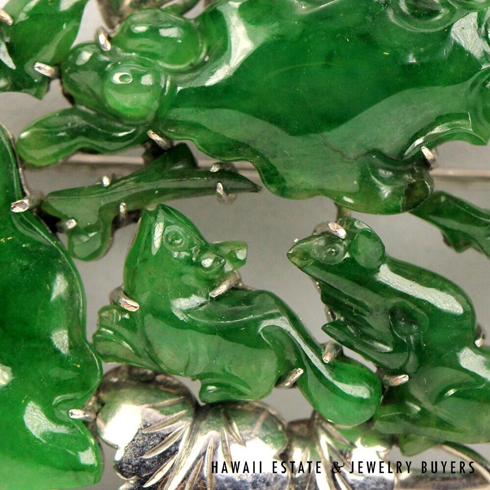 GIA NATURAL GREEN JADE BROOCH 15.3g 14K WHITE GOLD 30x12mm - Image 3