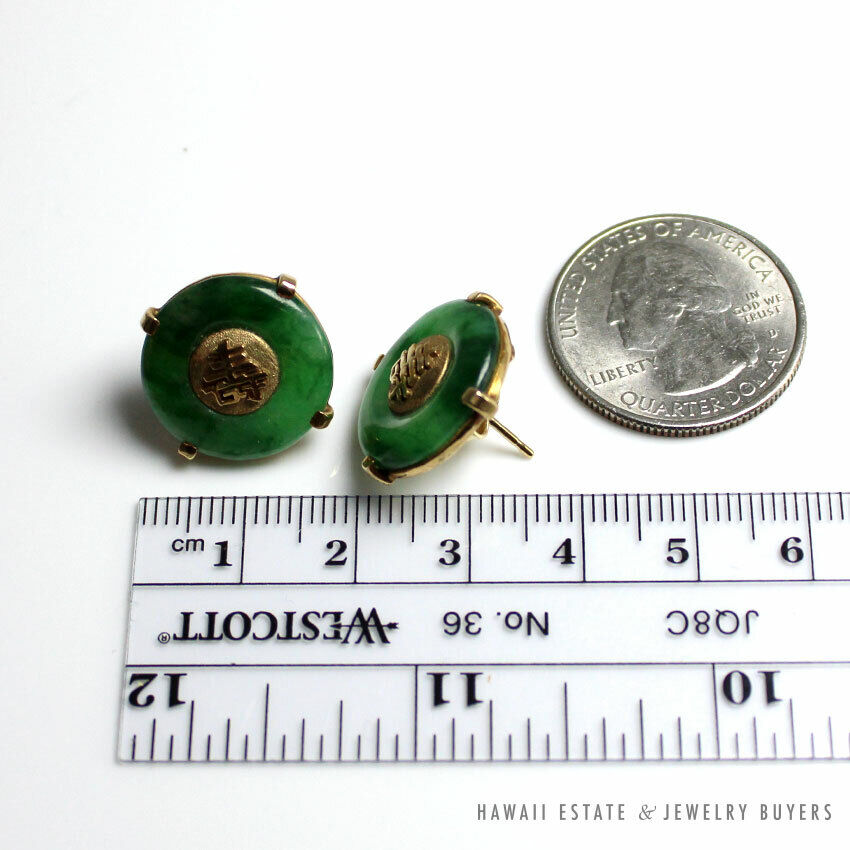 MING'S HAWAII GIA CERTIFIED NATURAL JADE DONUT 14K YELLOW GOLD CHINESE EARRINGS - Image 9