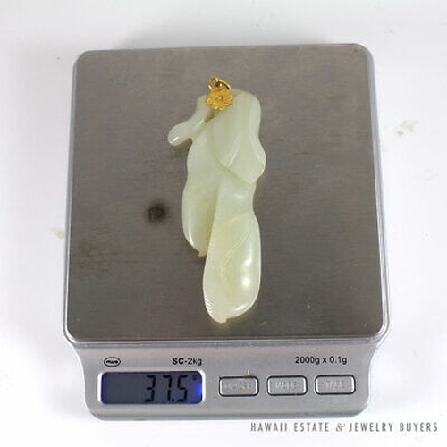 Chinese Carved Pale Green Jade Leaf & Fruit Pendant with Yellow Gold Floral Bail - Image 11