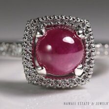 Michael B. Platinum Trois Ruby Cabochon & Diamond Cushion Halo Ring Size 5