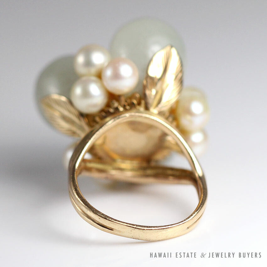 Pale Green Jade & Cultured Pearl 14K Yellow Gold Cluster Dome Ring Size 5 - Image 6