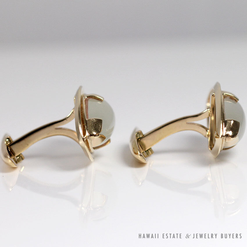 White Jade Marquise Cabochon 14K Yellow Gold Cufflinks with Toggle Back - Image 3