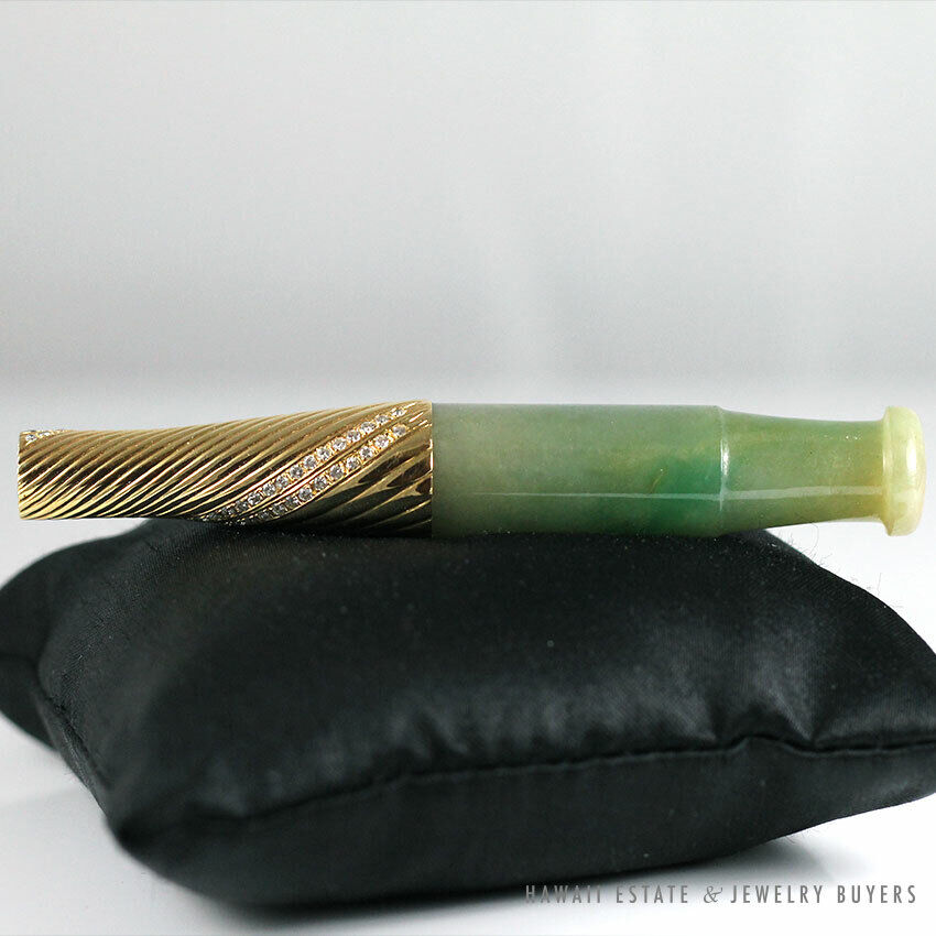 Vintage Jade 1ctw Natural Diamond 18K Yellow Gold Cigarette Holder - Image 2
