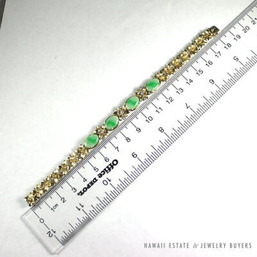 VINTAGE BURMESE JADEITE JADE & DIAMOND FLORAL 14K YELLOW GOLD BRACELET W/ GEMOLOGIST APPRAISAL - Image 10