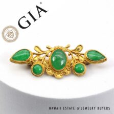 GIA Type A Green Jadeite Jade Cabochon 24K Yellow Gold Brooch Pin