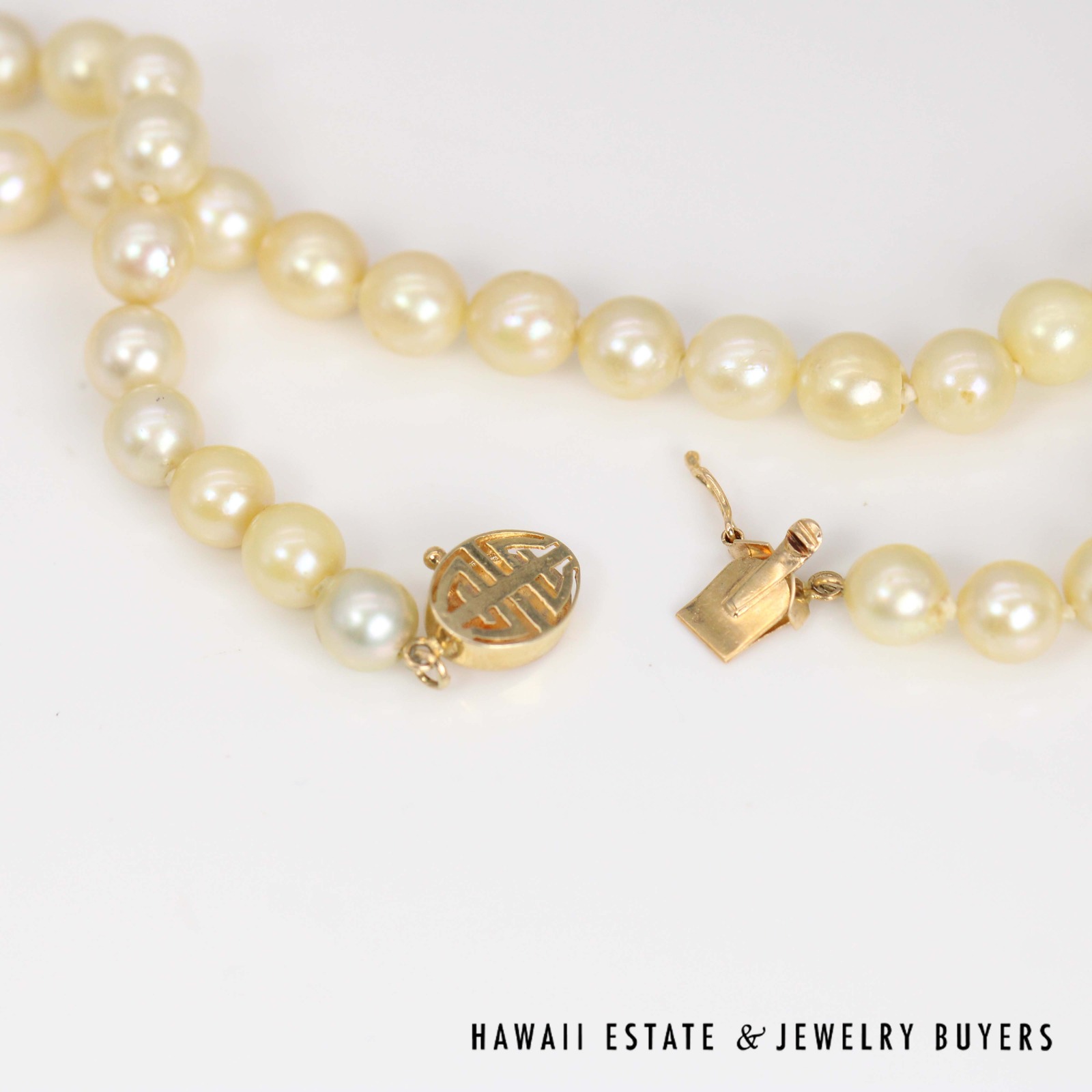 Knotted Cultured Pearl Strand Graduating 14k Yellow Gold Chinese Clasp Necklace 5.7-6.7mm 16" - Image 6