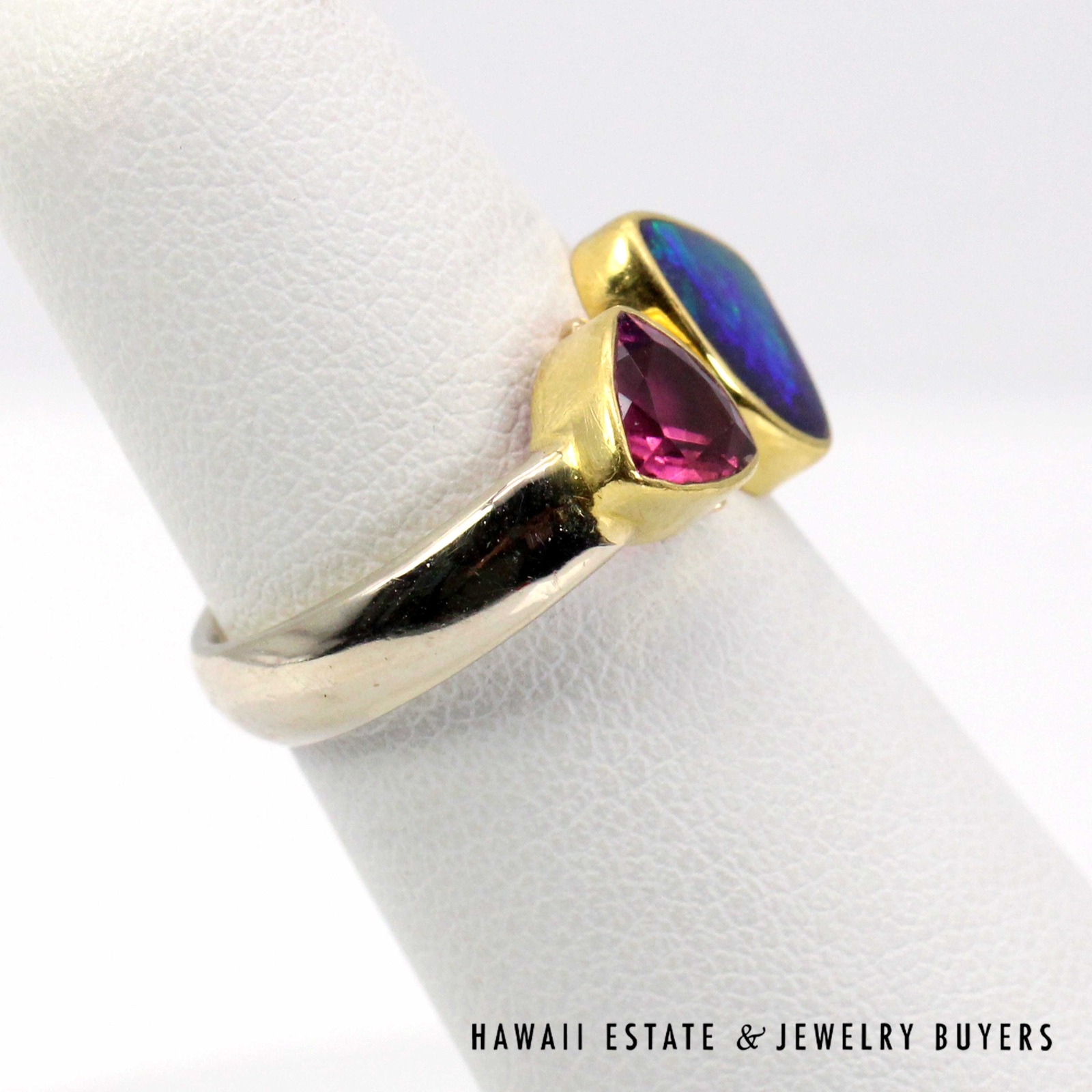 Pink Tourmaline Trillion & Boulder Opal Doublet 14K Two-Tone Gold Ring Size 6 - Image 5