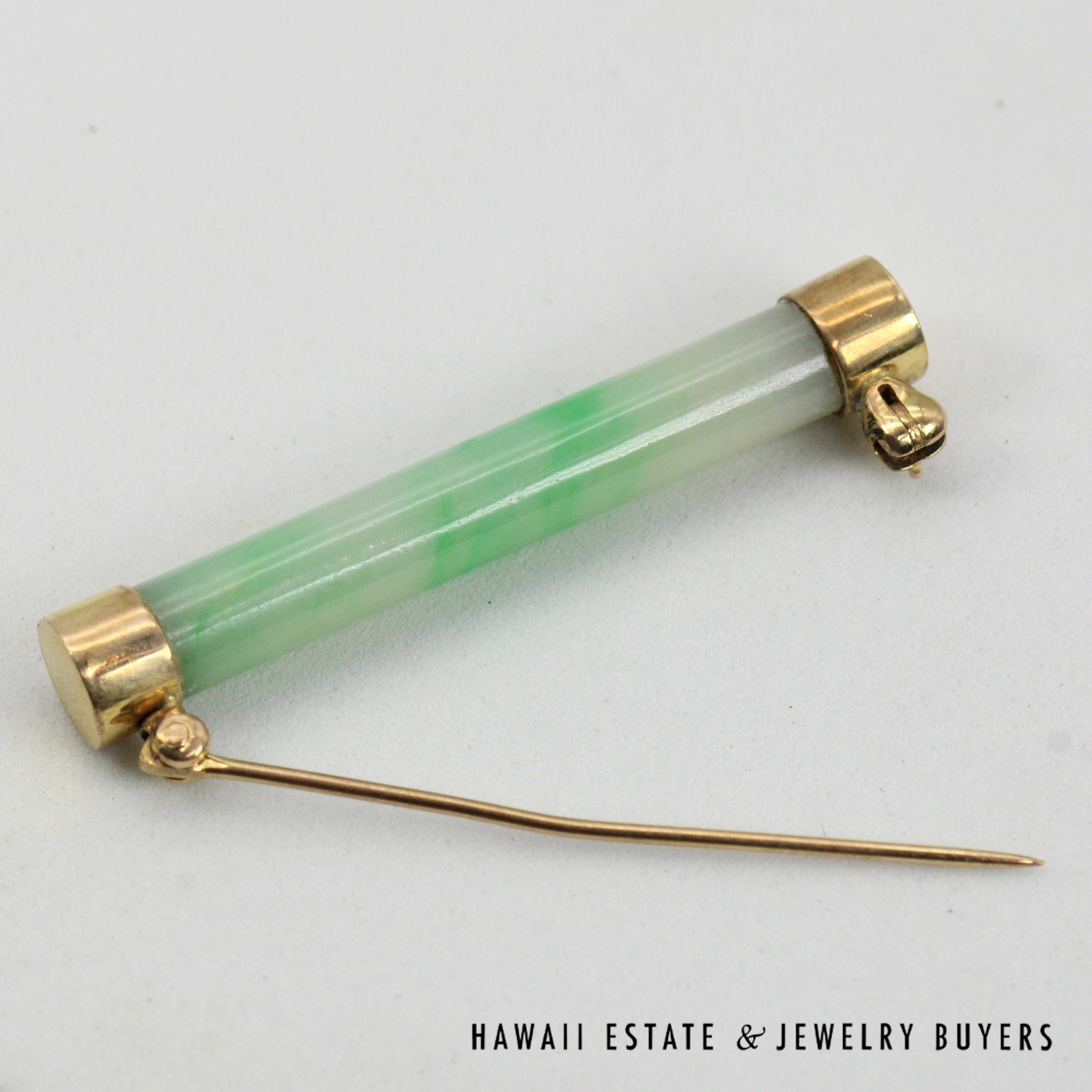 Mottled Green Jade Cylinder Bar Brooch with 14K Yellow Gold End Caps - Image 5