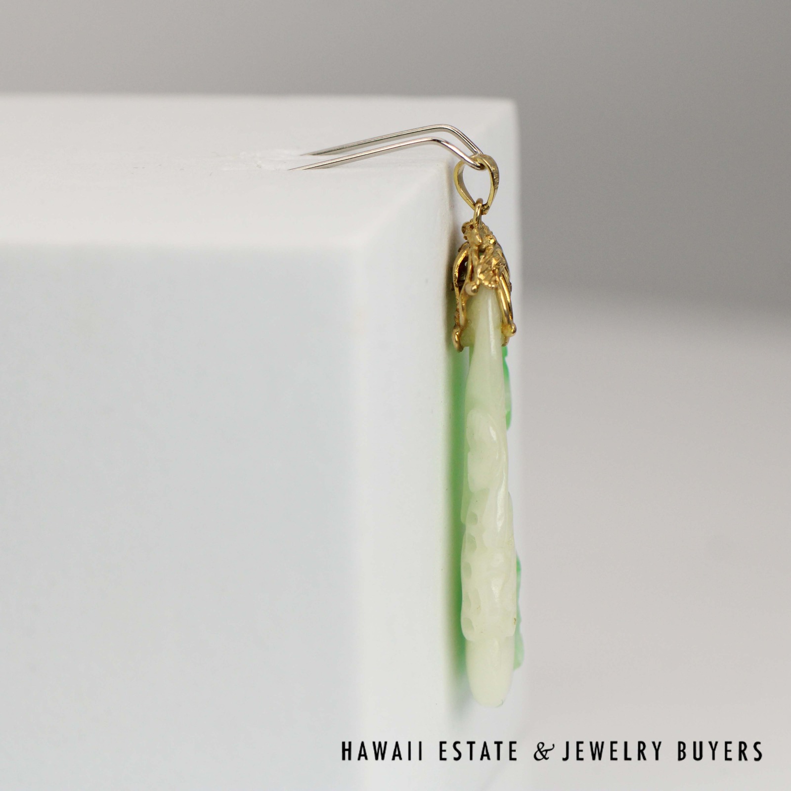 GIA Type A Moss in Snow Jade Carved & Pierced 14k Yellow Gold Pendant - Image 6