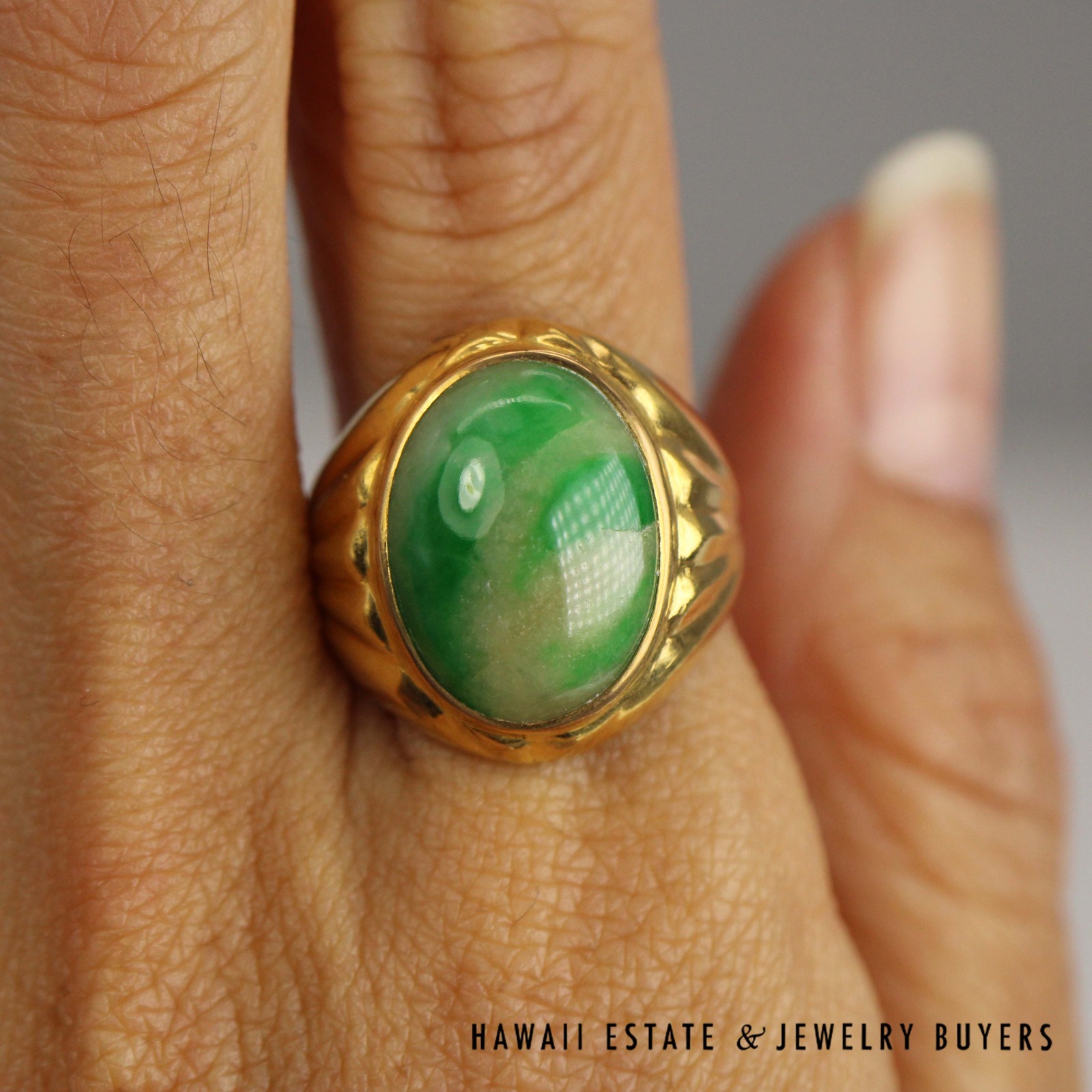 GIA Type A Mottled Green Jade 22k Yellow Gold Ring 16x12mm Size 7.5 - Image 3
