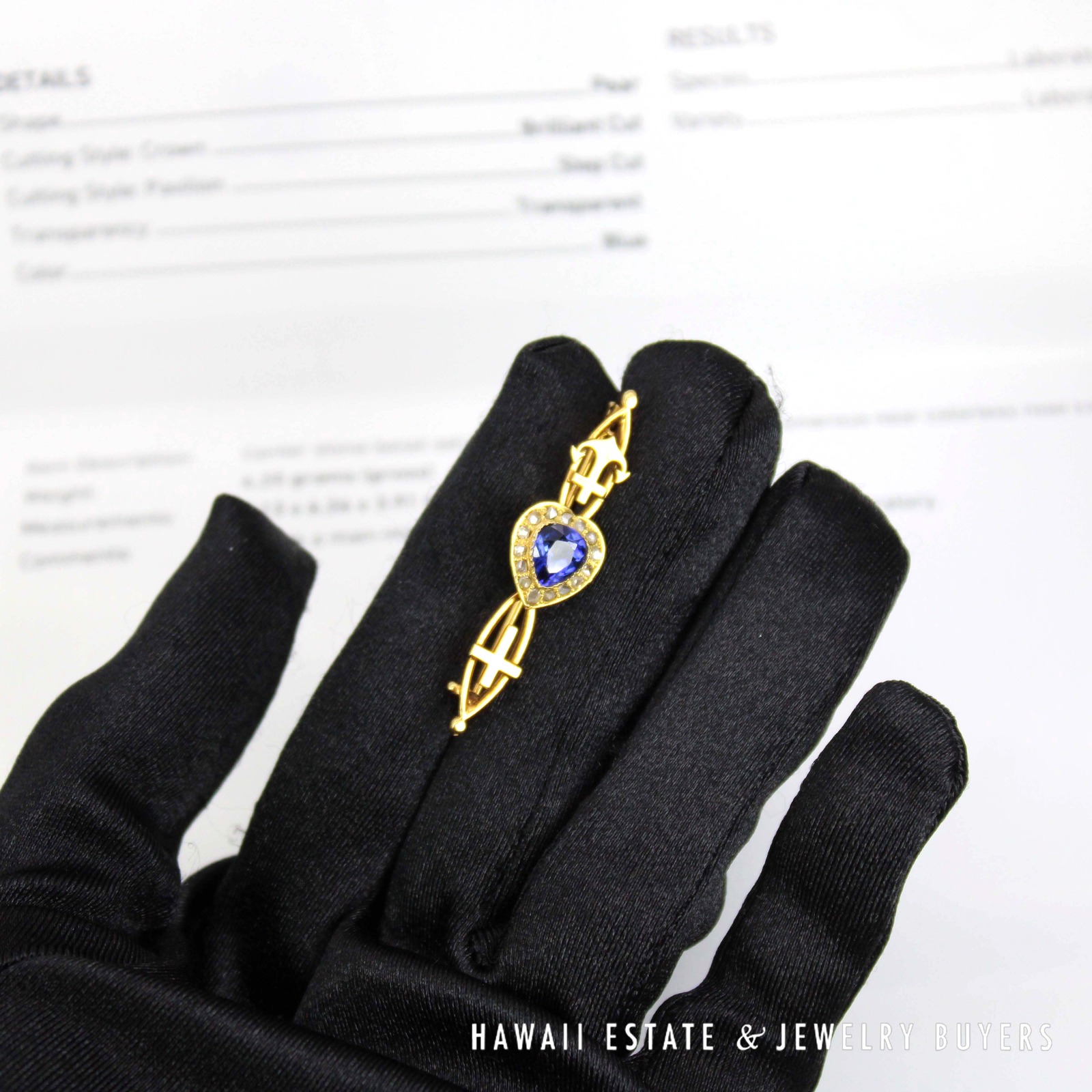 GIA 1.50ct Lab Grown Sapphire 0.50ctw Rose Cut Diamond 14k Yellow Gold Brooch - Image 3