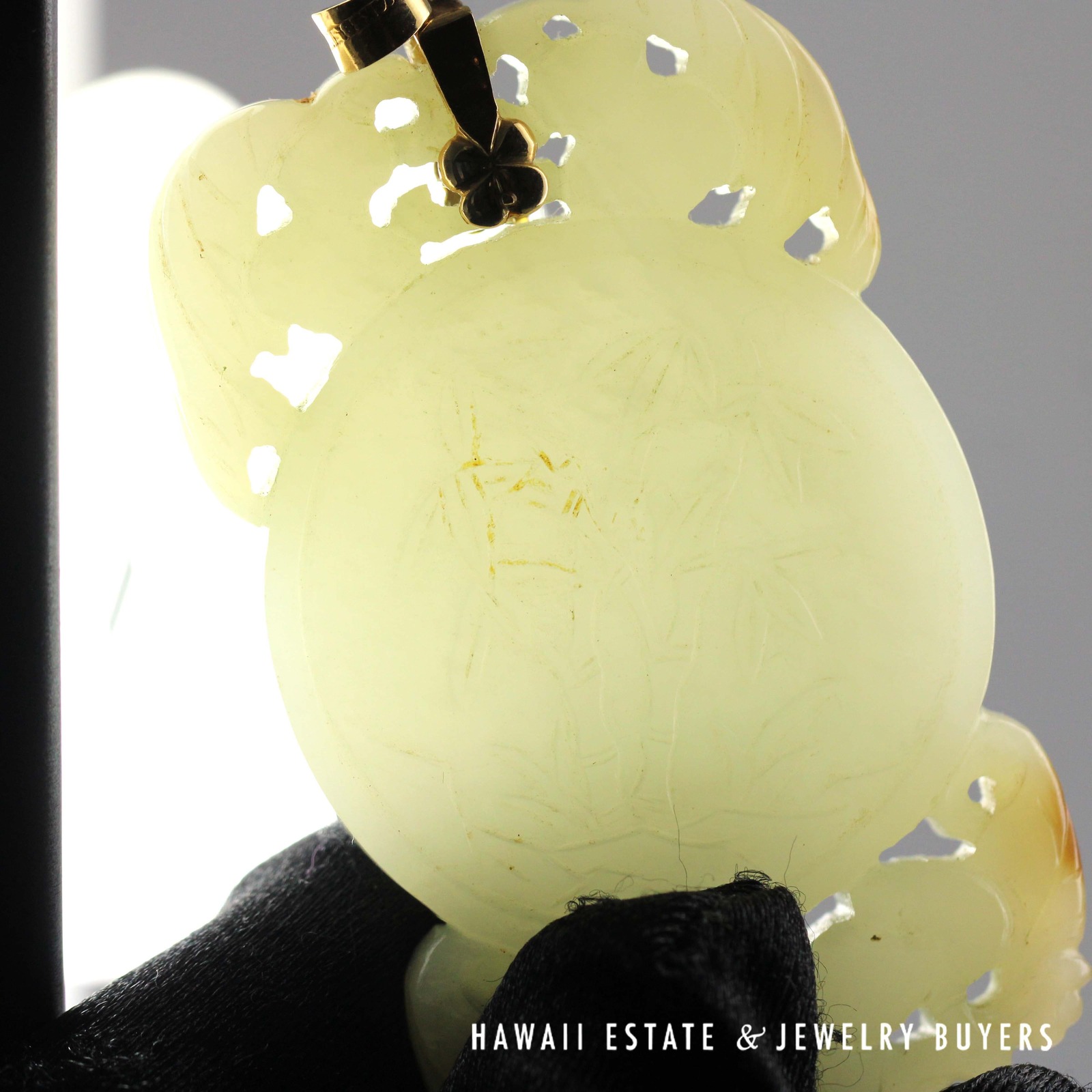 Large Carved Pale Green Jade Bamboo Openwork Pendant with 14K Yellow Gold Bail - Image 3