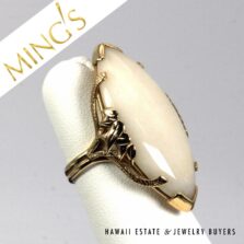 Ming's Hawaii White Jade Marquise Cabochon Ring 14K Yellow Gold Size 4.75