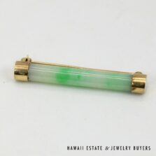 Mottled Green Jade Cylinder Bar Brooch with 14K Yellow Gold End Caps