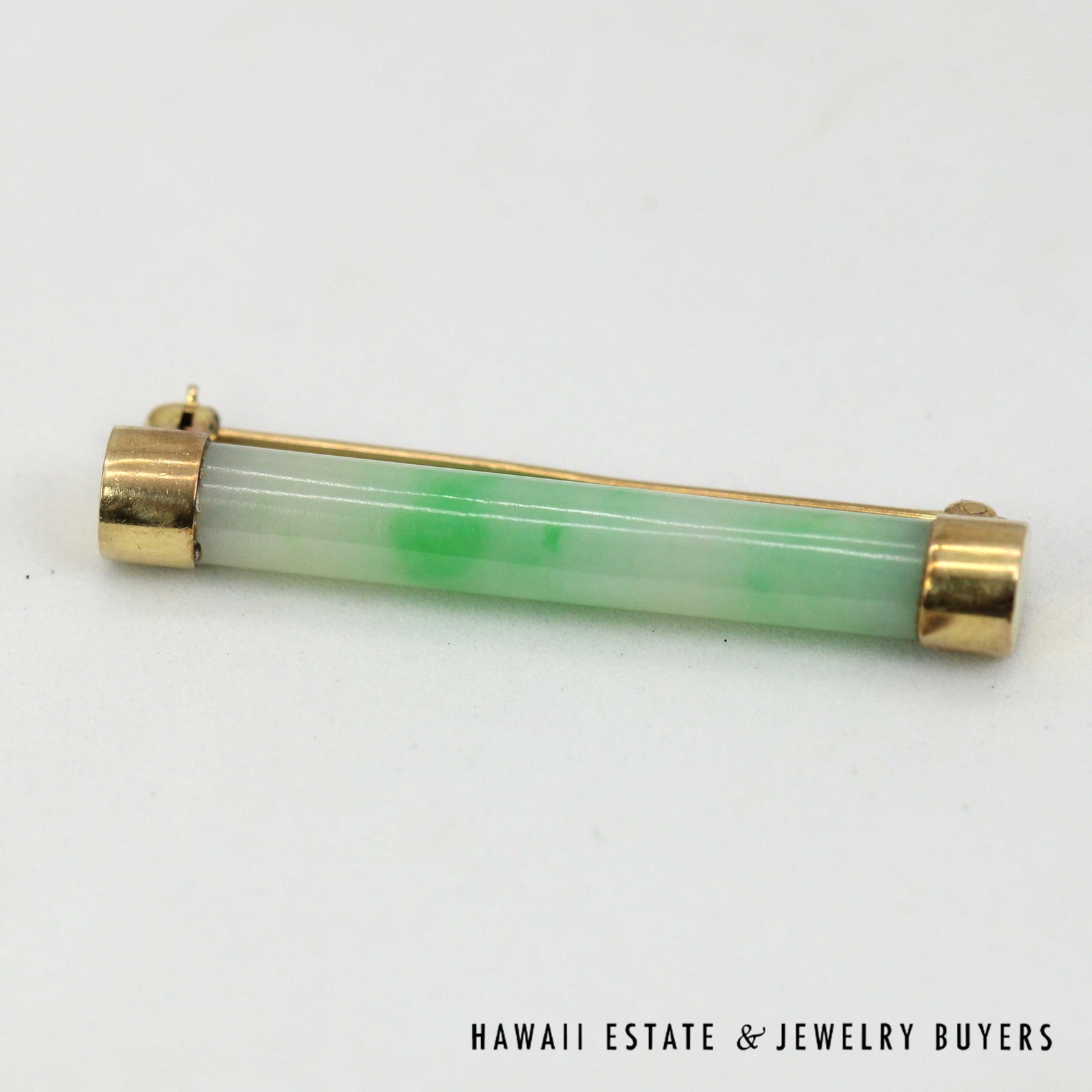 Mottled Green Jade Cylinder Bar Brooch with 14K Yellow Gold End Caps
