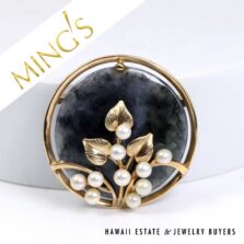 Ming's Hawaii Grey Jade and Pearl 14K Yellow Gold Brooch Pin