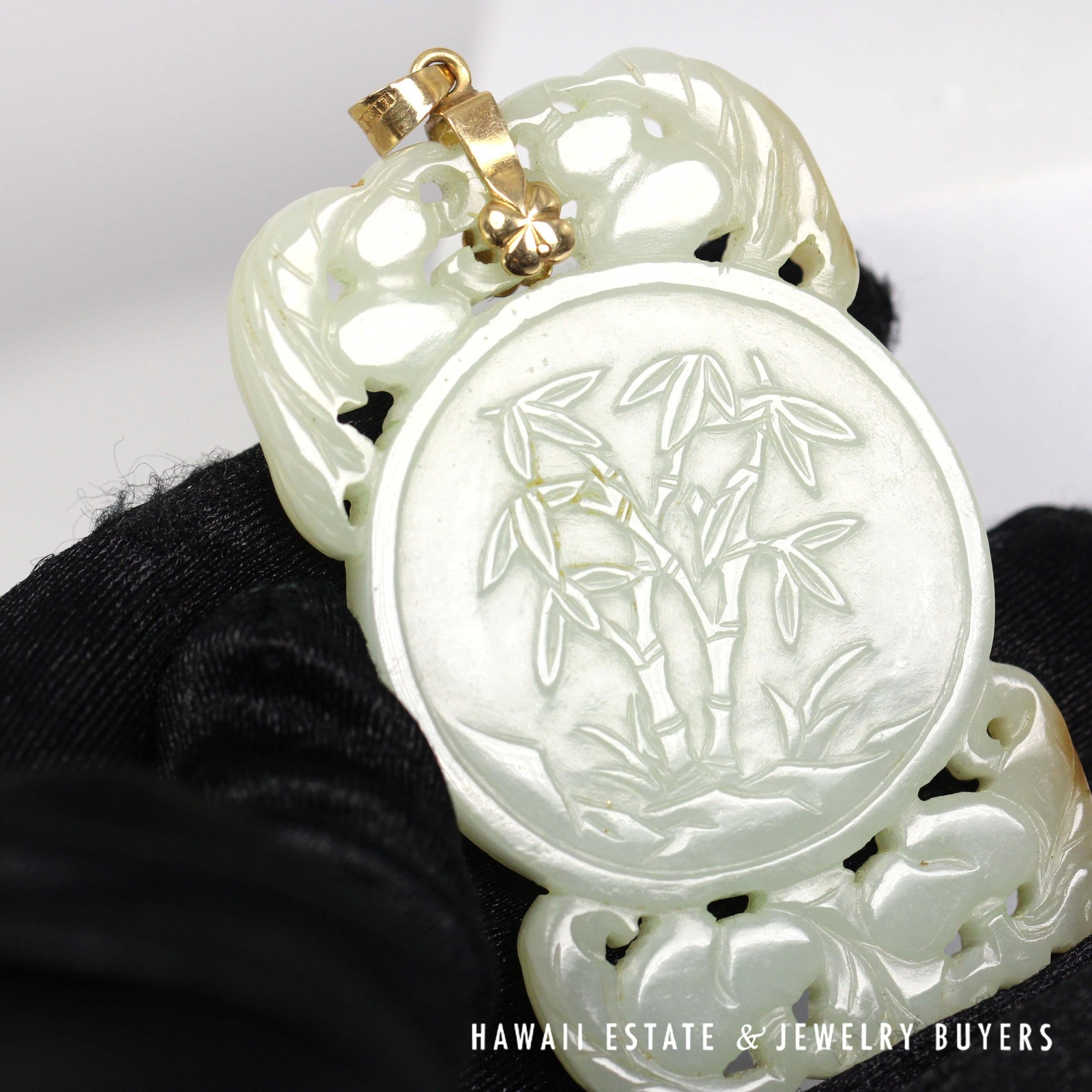 Large Carved Pale Green Jade Bamboo Openwork Pendant with 14K Yellow Gold Bail