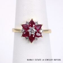 Pear-Shaped Ruby Diamond Star Flower Cluster 18K Yellow Gold Ring Size 7