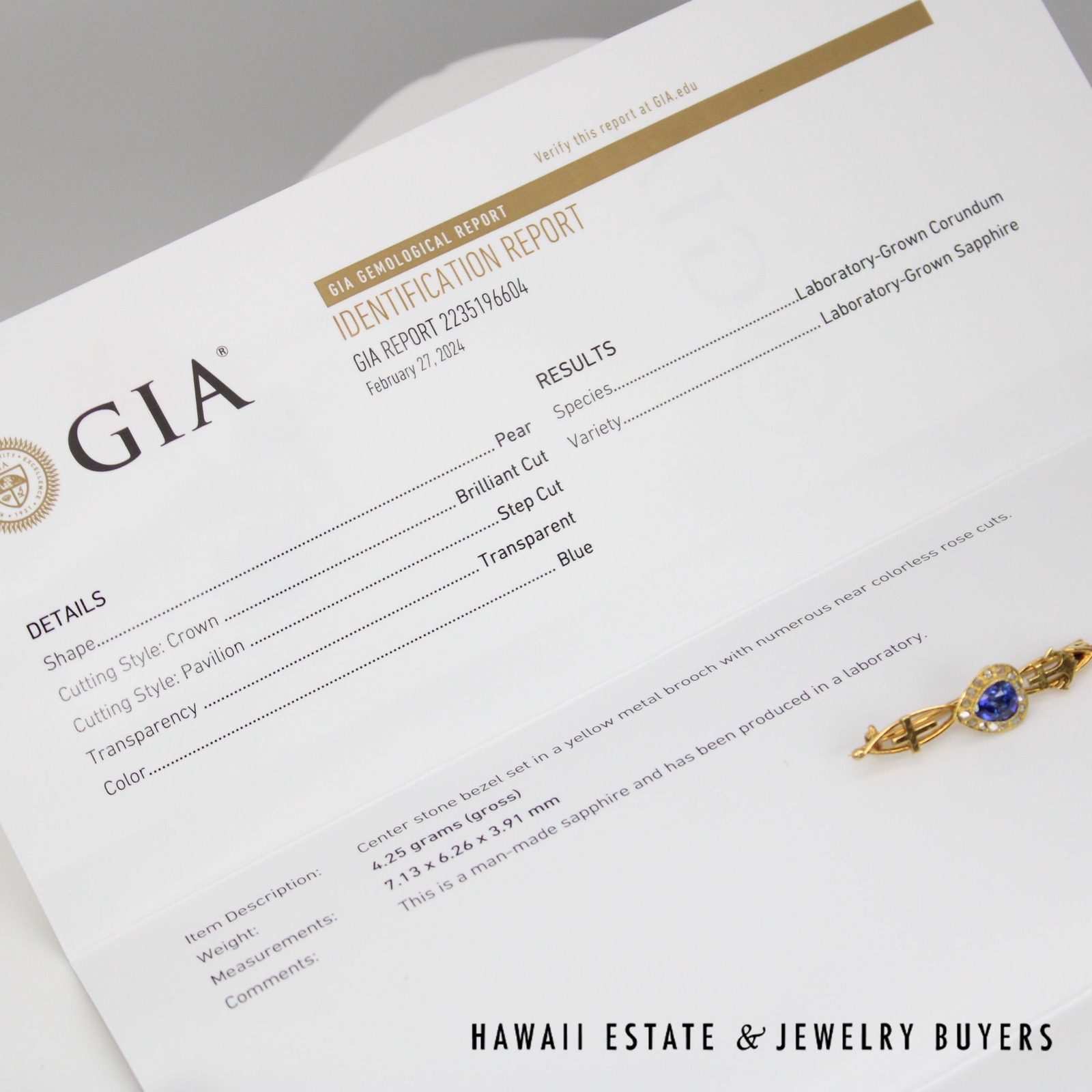 GIA 1.50ct Lab Grown Sapphire 0.50ctw Rose Cut Diamond 14k Yellow Gold Brooch - Image 7
