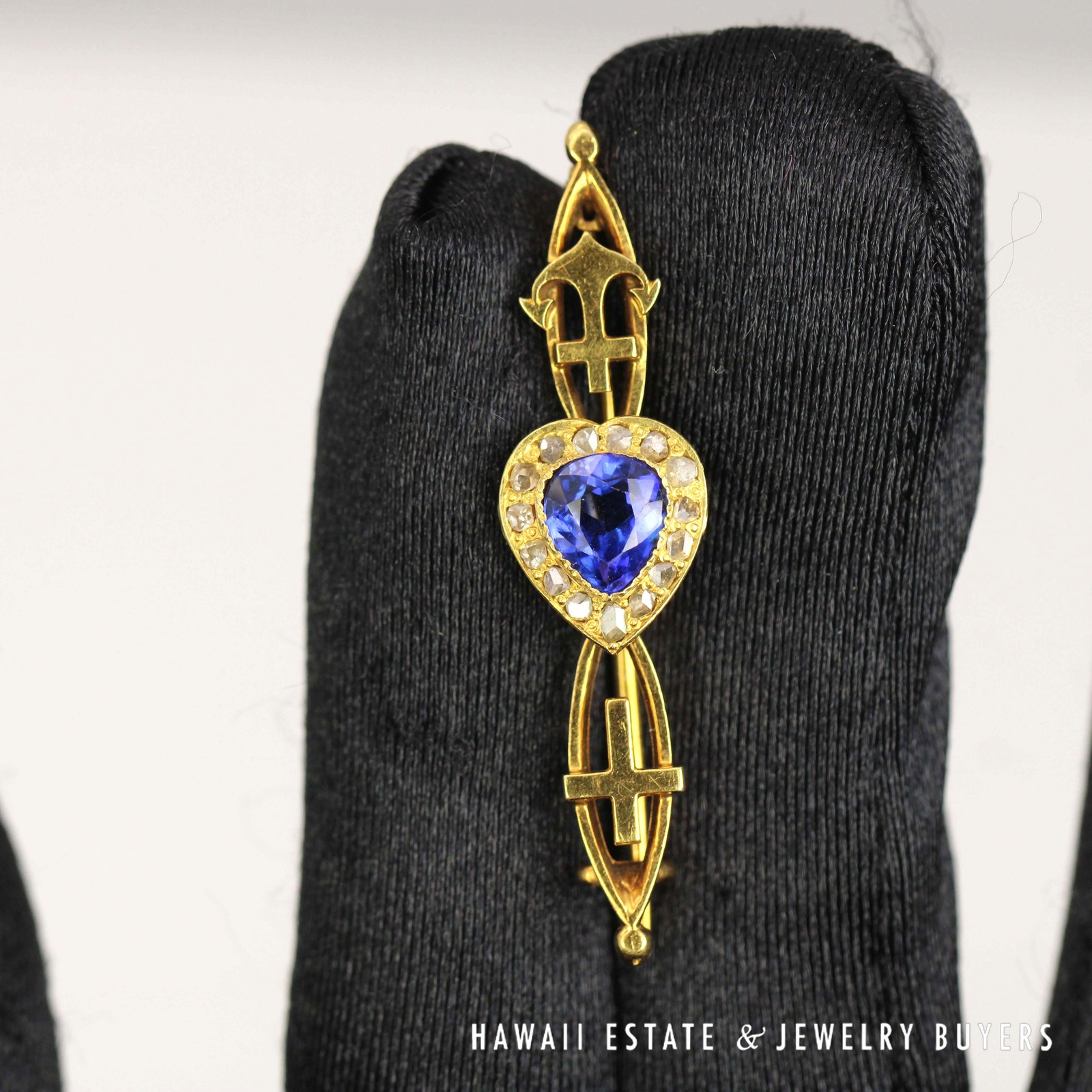 GIA 1.50ct Lab Grown Sapphire 0.50ctw Rose Cut Diamond 14k Yellow Gold Brooch - Image 4
