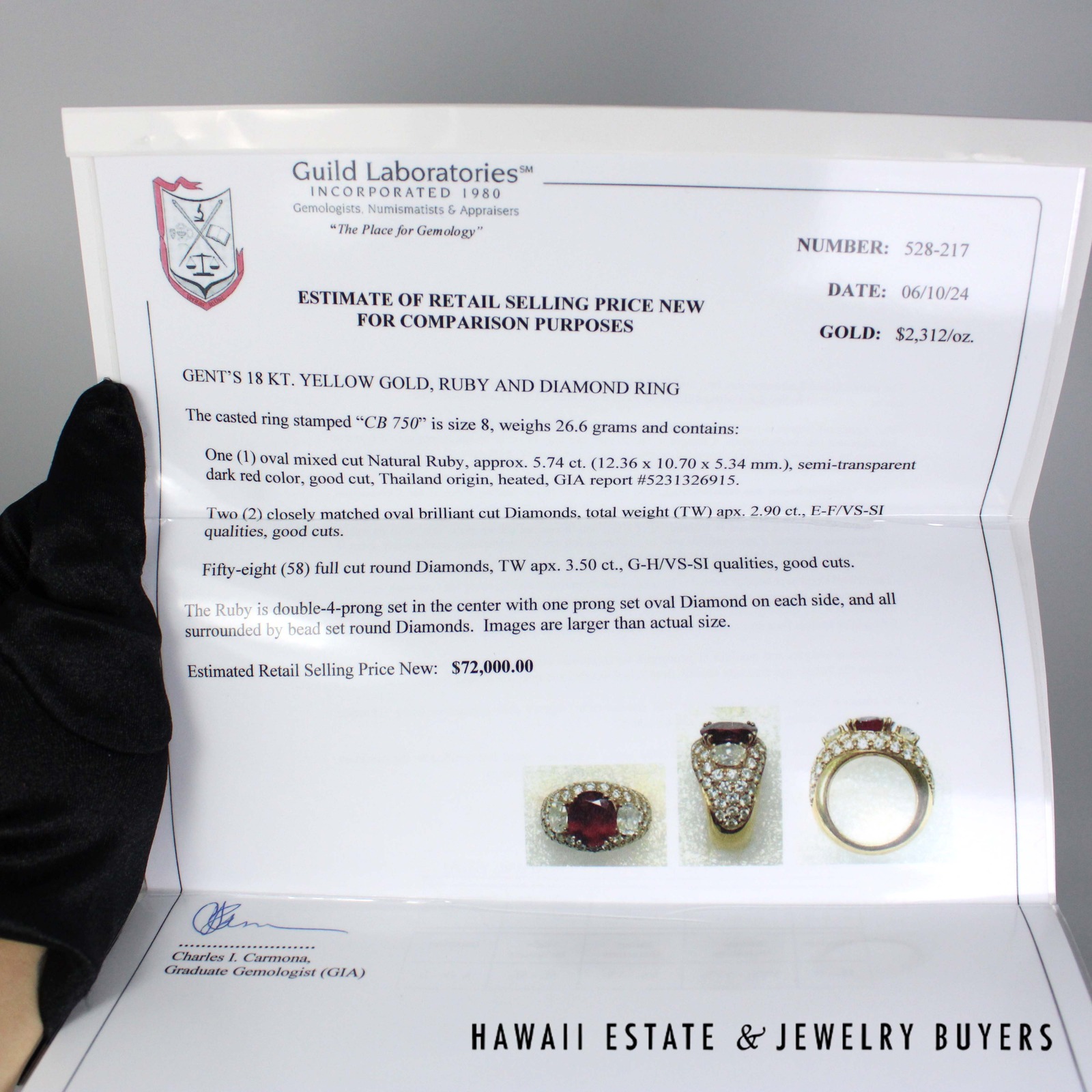 GIA 5.744ct Ruby 6ctw Diamond 18K Yellow Gold Gents Ring Sz 7.5 w/ Appraisal - Image 10