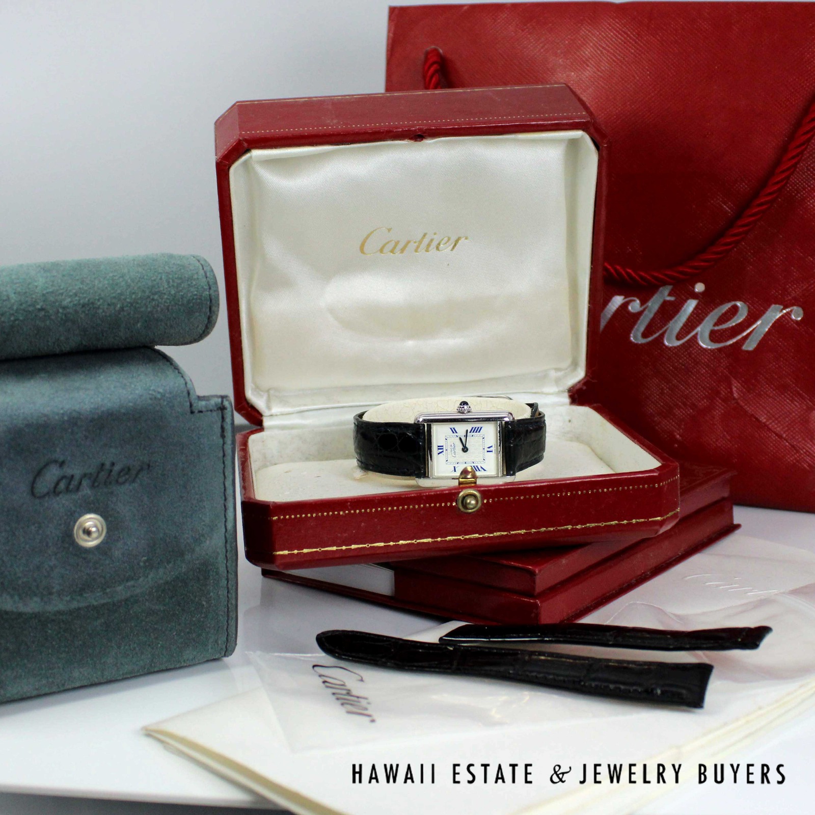 Cartier Sterling Tank Watch Stainless Deployant Buckle With Extra Band, Pouch, Box , Book and Papers - Image 3