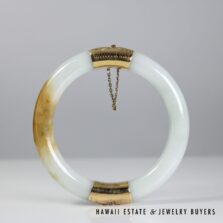 White & Brown Jade Hinged Bangle Bracelet Size 7 with 14K Yellow Gold Clasp